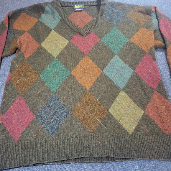 Vintage Byford 100% Lambswool Mens Argyle V-Neck Sweater  Dark Academia Large - Picture 4 of 8